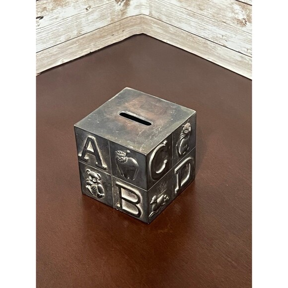 Pewter Brush Finish Alphabet Block Baby Piggy Bank Metal Cube - Picture 7 of 9